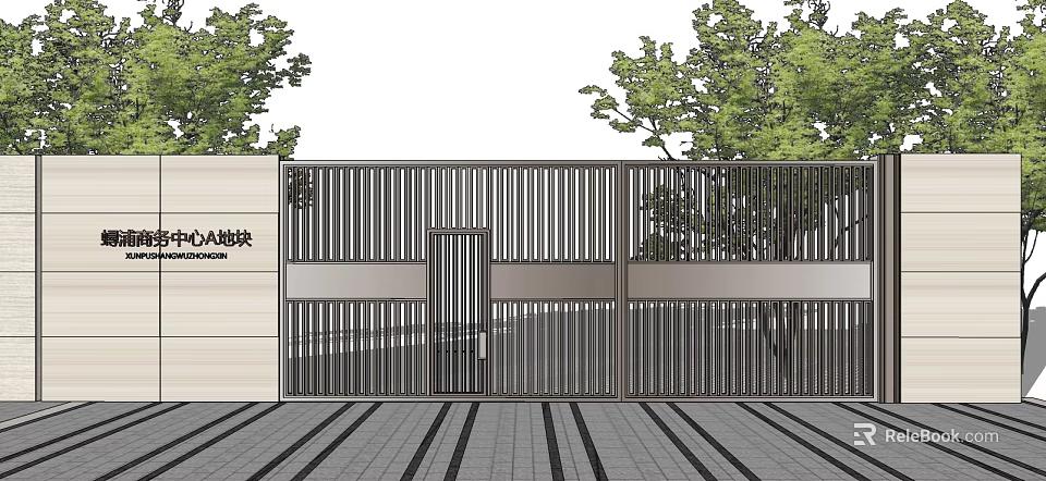 Modern Entrance Gate Featuring Vertical Metal Slats Design With Trees And Stone Pavement 3d model 