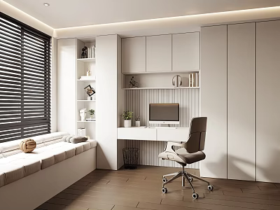 Modern Study Room With Window Blinds Bench Bookshelves Computer Desk And Office Chair 3d model