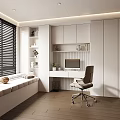 Modern Study Room With Window Blinds Bench Bookshelves Computer Desk And Office Chair