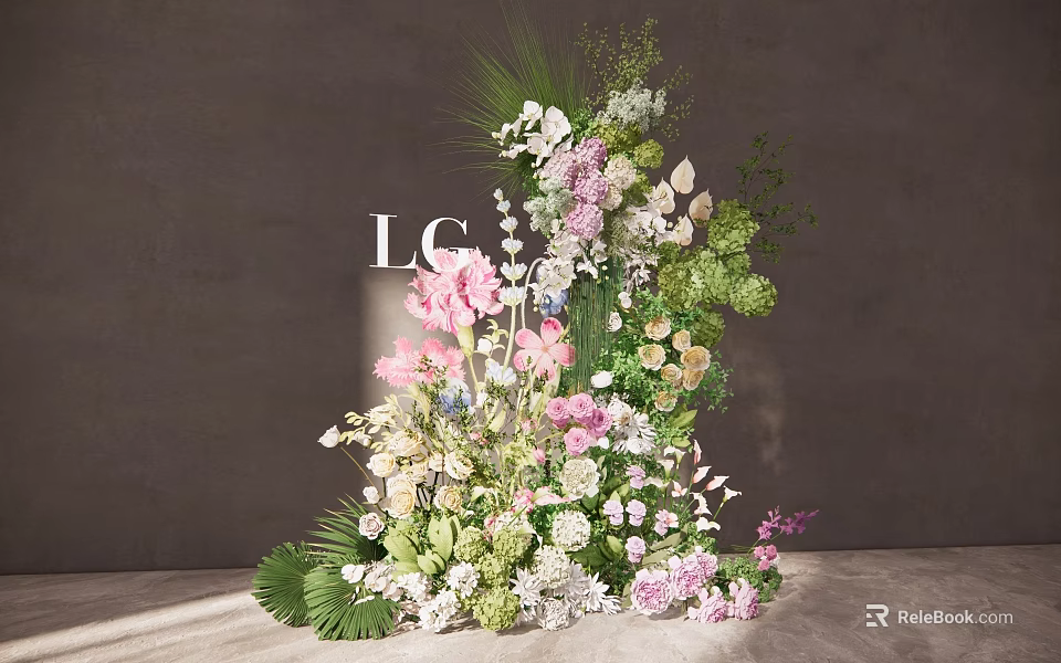 Tall Artistic Floral Display With Pink White Blooms Lush Green Foliage And Elegant Design 3d model 