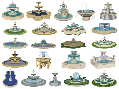 Various Decorative Garden Fountains With Multi Tiered Bases And Ornate Designs 3d model