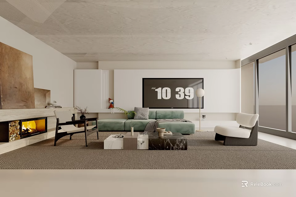 Modern Living Room Interior With Green Sofa Fireplace Digital Art And White Chair 3d model 