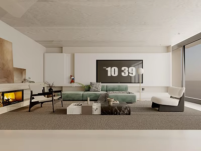 Modern Living Room Interior With Green Sofa Fireplace Digital Art And White Chair 3d model