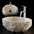 Textured Natural Stone Vessel Sink With Chrome Faucet And Water Flow