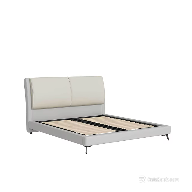 Modern Light Colored Double Bed Frame With Upholstered Headboard And Wooden Slats 3d model 