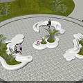 Modern Landscape Seats With Irregular Shape Green Plants And Lawn In Outdoor Recreation Area