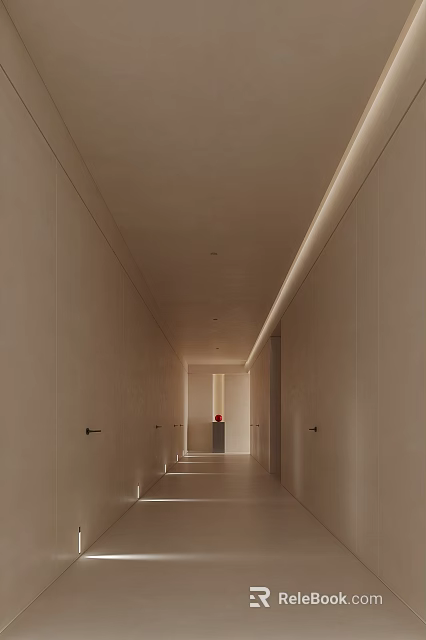 Minimalist Elevator Hallway Interior Design With Light Colored Walls Ceiling Strips and Doors 3d model 