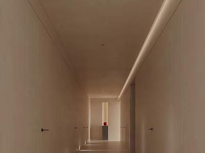 Minimalist Elevator Hallway Interior Design With Light Colored Walls Ceiling Strips and Doors 3d model