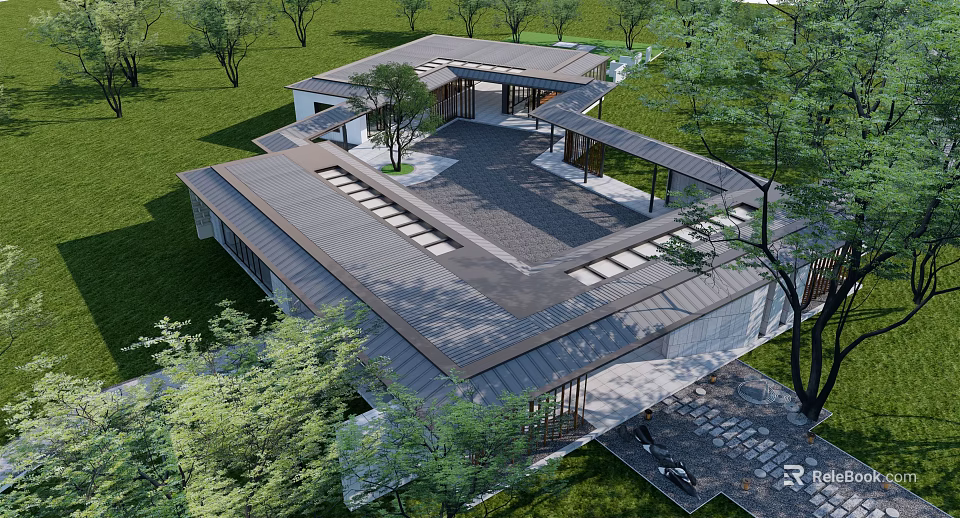 Modern Garden Landscape Design With Green Lawn Trees And Courtyard Space 3d model 