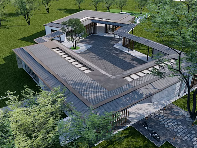 Modern Garden Landscape Design With Green Lawn Trees And Courtyard Space 3d model
