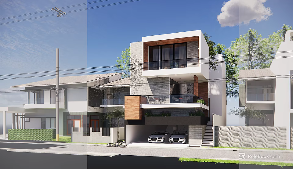 Modern Detached Villa Exterior With Two Story Balcony Garage And Green Plants Design 3d model 