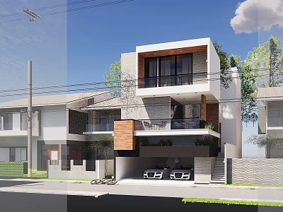 Modern Detached Villa Exterior With Two Story Balcony Garage And Green Plants Design 3d model