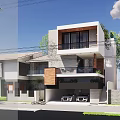 Modern Detached Villa Exterior With Two Story Balcony Garage And Green Plants Design