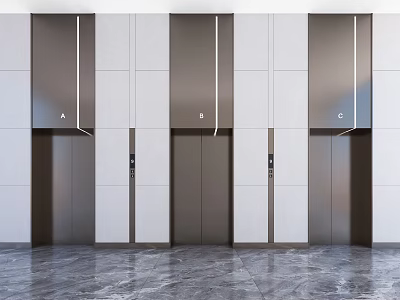 Modern Elevator Lobby With Three Elevators Stone Walls And Marble Flooring 3d model