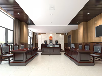 Courtroom Interior With Wooden Furniture Judge Bench Seats And Symmetric Layout 3d model