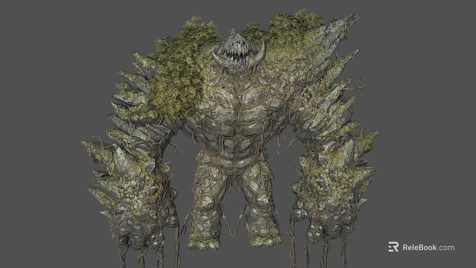 Giant Rock And Vegetation Covered Game Movie Character With Spikes Moss And Ferocious Facial Features 3d model 