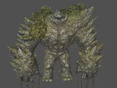 Giant Rock And Vegetation Covered Game Movie Character With Spikes Moss And Ferocious Facial Features 3d model