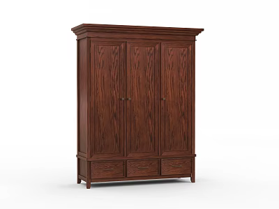 Classic Dark Brown Wooden Wardrobe With Three Doors And Bottom Drawers 3d model