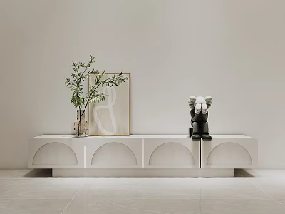Modern White TV Stand With Arched Design Green Plant Abstract Painting And Black Sculptures 3d model