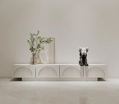 Modern White TV Stand With Arched Design Green Plant Abstract Painting And Black Sculptures 3d model