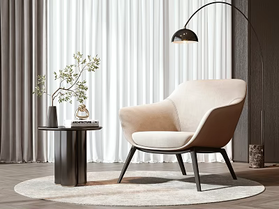Beige Upholstered Leisure Chair With Small Round Side Table Green Plant And Floor Lamp 3d model