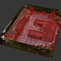 Cartoon Style Courtyard Scene With Red Roof Buildings Green Vegetation And Path