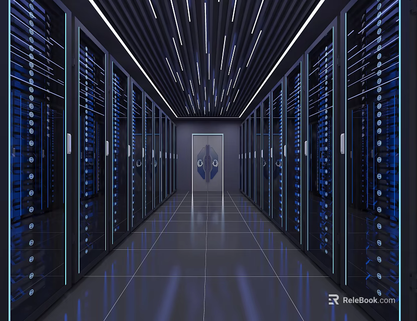 Industrial Server Racks In Modern Data Center With Blue Lighting And Spacious Corridor 3d model 