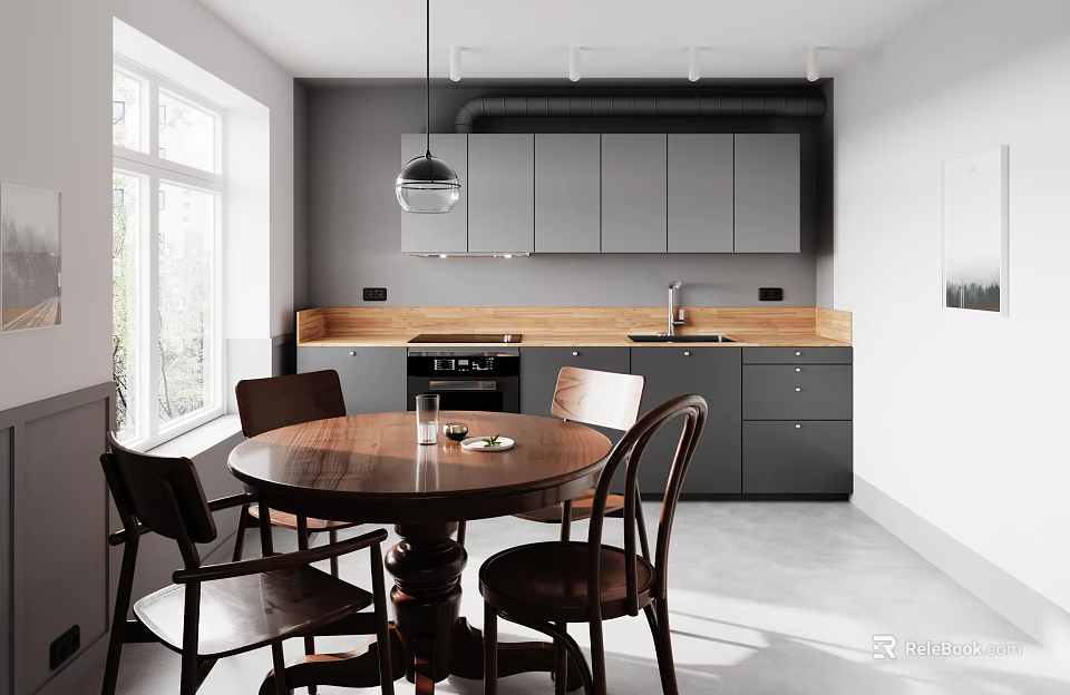 Modern Restaurant Interior With Grey Cabinets Wooden Countertop Round Table Four Chairs Window Pendant Light 3d model 