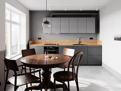 Modern Restaurant Interior With Grey Cabinets Wooden Countertop Round Table Four Chairs Window Pendant Light 3d model