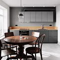 Modern Restaurant Interior With Grey Cabinets Wooden Countertop Round Table Four Chairs Window Pendant Light