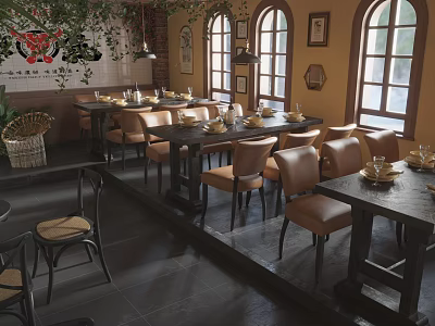 Charming Restaurant Interior With Arched Windows Wooden Tables Framed Artworks And Greenery Decor 3d model