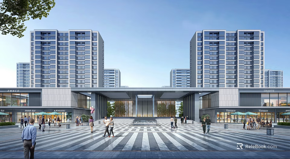 Modern Residential Entrance Gate With Plaza People And Tall Buildings 3d model 