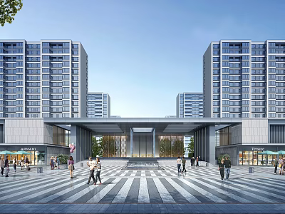 Modern Residential Entrance Gate With Plaza People And Tall Buildings 3d model