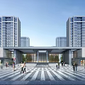 Modern Residential Entrance Gate With Plaza People And Tall Buildings