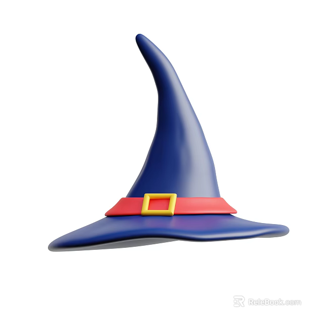 Classic Blue Witch Hat With Red Band And Yellow Square Buckle 3d model 