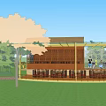 Outdoor Dining Space With Glass Roof Yellow Columns Wooden Railing And Red Brick Building