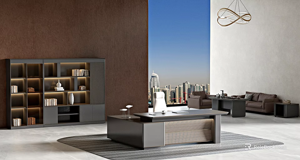 Modern Office Interior Design With Executive Desk Bookshelf Sofa And City Skyline View 3d model 