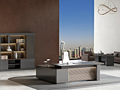 Modern Office Interior Design With Executive Desk Bookshelf Sofa And City Skyline View 3d model