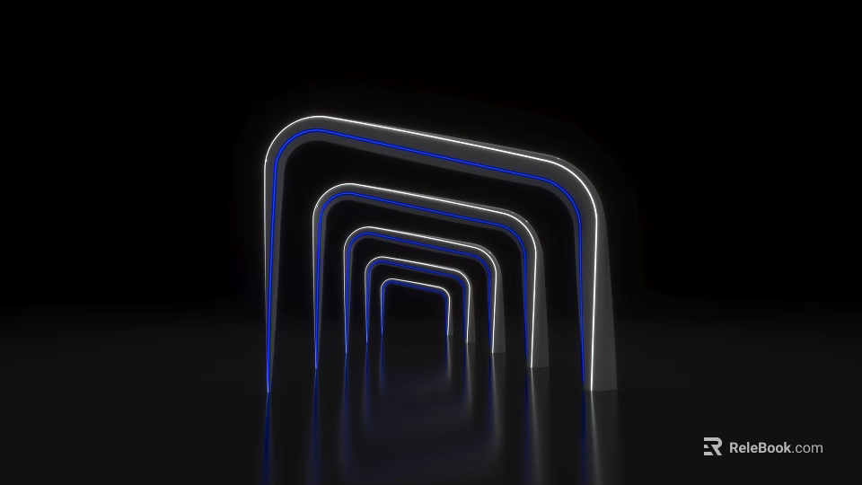 Illuminated Arches With Blue White Lines In Progressive Arrangement On Black Background 3d model 