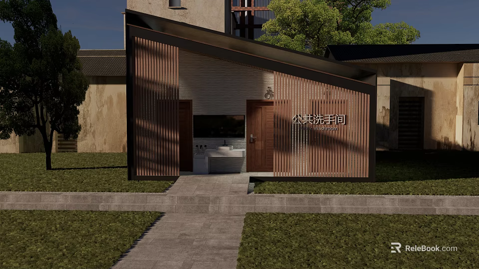Modern Public Restroom Exterior With Wooden Cladding Glass Door Lawn And Trees 3d model 