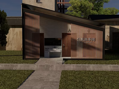 Modern Public Restroom Exterior With Wooden Cladding Glass Door Lawn And Trees 3d model