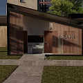 Modern Public Restroom Exterior With Wooden Cladding Glass Door Lawn And Trees