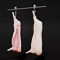 Two Raw Meat Carcasses Hanging On Metal Rod With Hooks Against Black Background