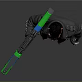 Male Character Bare Chest Black Leather Jacket Holding Large Weapon With Green Blue Accents