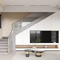 Modern Apartment Living Room With Sofa TV Stairs And Windows