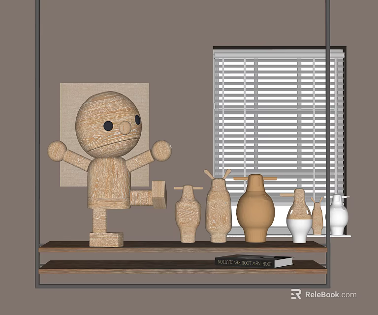 Decorative Ornament Set With Wooden Humanoid Figurine Ceramic Vases And Book On Shelf 3d model 