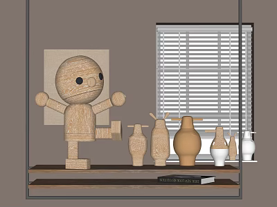 Decorative Ornament Set With Wooden Humanoid Figurine Ceramic Vases And Book On Shelf 3d model