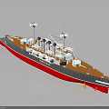 3D Model of a Ship with Red Bottom Brown Deck White Superstructure and Two Masts 3d model