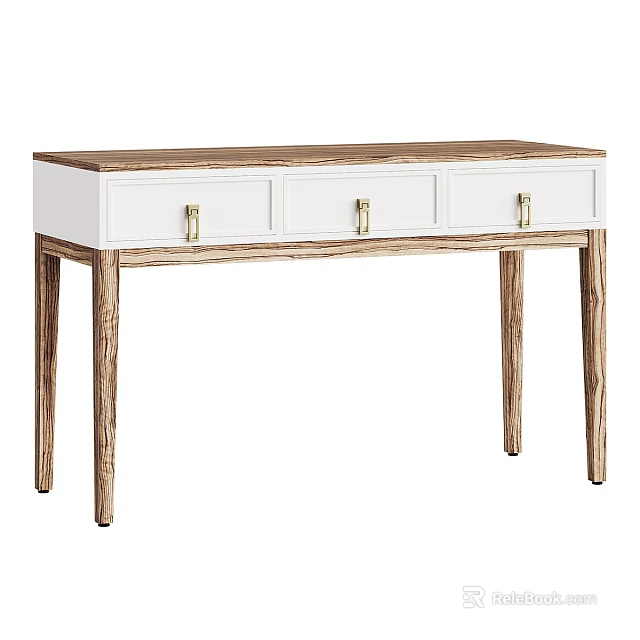 Modern Dressing Table With White Drawers Golden Handles And Wooden Legs 3d model 