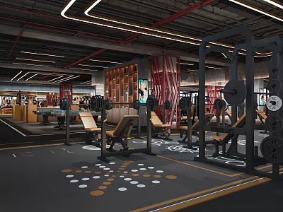 Modern Fitness Gym Interior With Weight Lifting Equipment And Polka Dot Floor 3d model